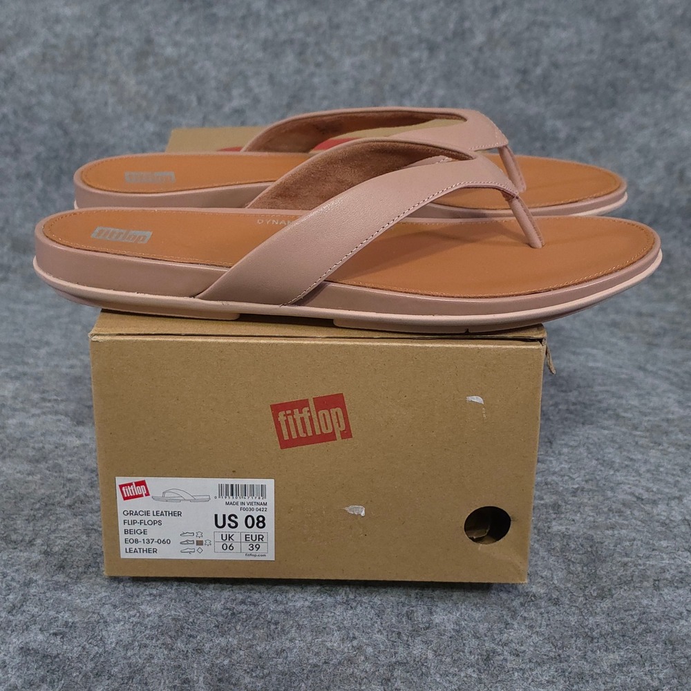 FitFlop Gracie Leather Flip-Flops Beige Sandals Womens Size 8